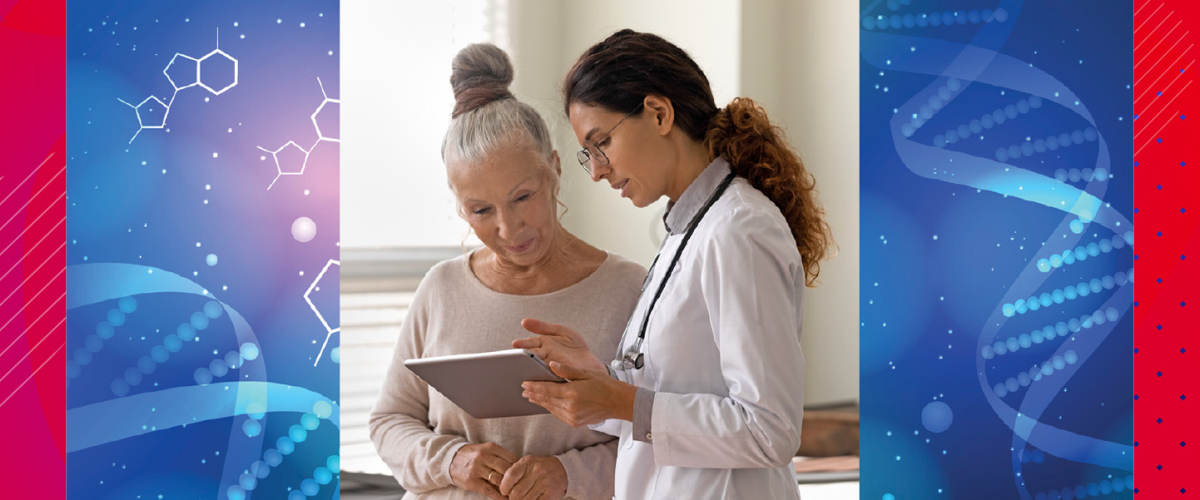 Mature female patient having care discussion with young female physician.