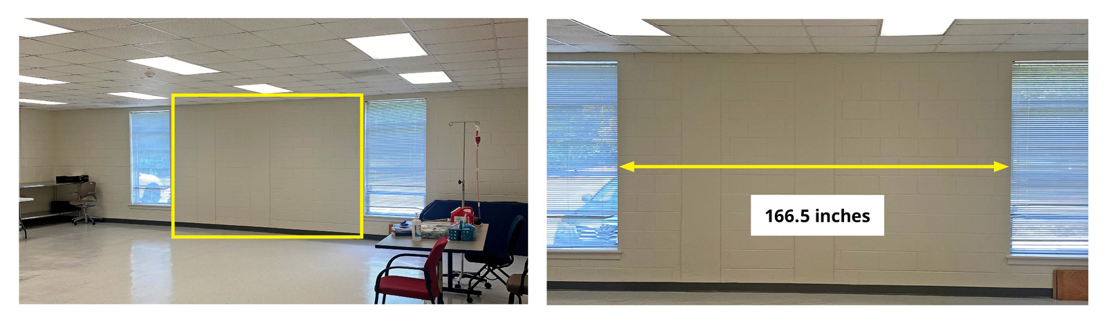 Photos showing dimensions of wall to be decorated with a mural.
