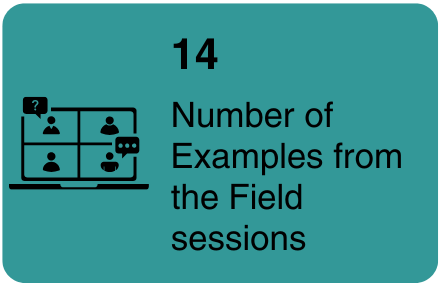 Figures on a computer screen with text that says 14 number of Examples from the Field sessions