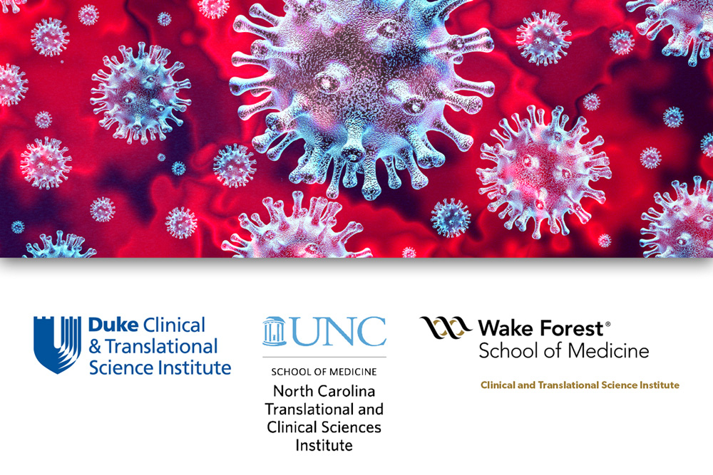 Illustration of COVID-19 virus with sponsor logos.