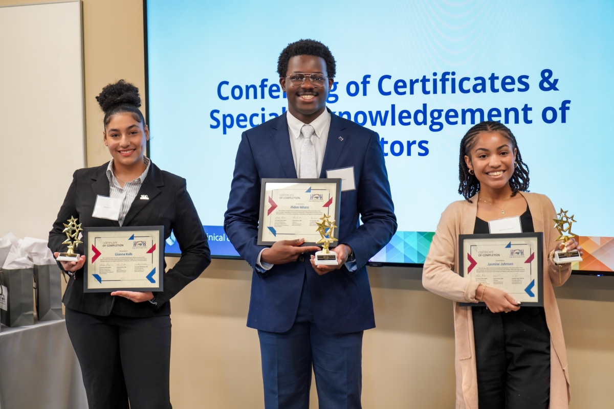 NCCU students Gionna Kolb, Ifidon Ikharo and Jasmine Johnson display certificates celebrating their completion of Duke internships.