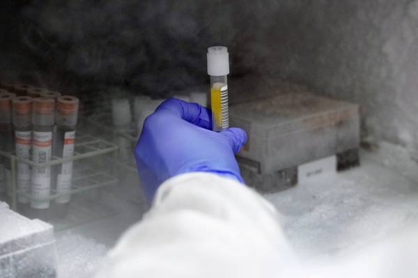 Clinician retrieving sample from freezer.