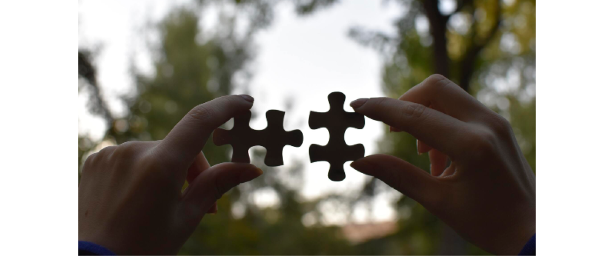 Two hands holding puzzle pieces up towards the sky