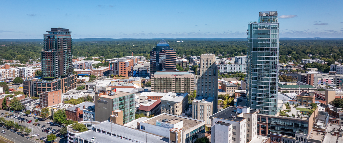 Arial view of downtown Durham. 