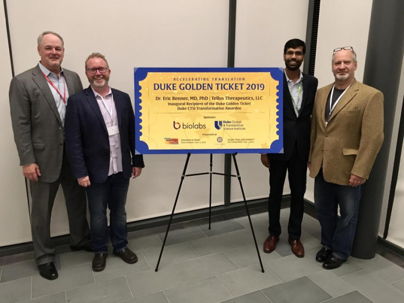 Ed Field of BioLabs NC, Dr. Eric Benner, Dr. Tarun Saxena of Duke CTSI Accelerator, and Dr. Barry Myers.