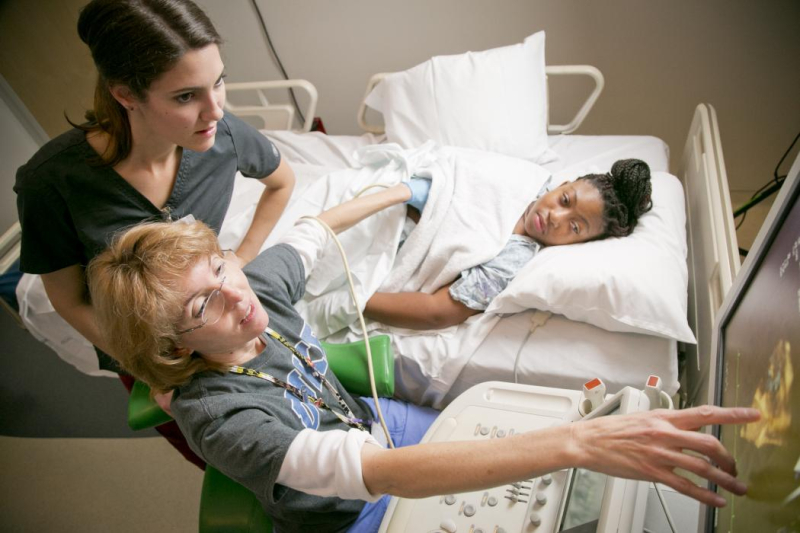 A patient receiving a cardiac ultrasound at Duke