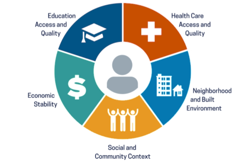 Social Determinants of Health components graphic - Education Access and Quality, Health Care Access and Quality, Neighborhood and Built Environment, Social and Community Context, Economic Stability