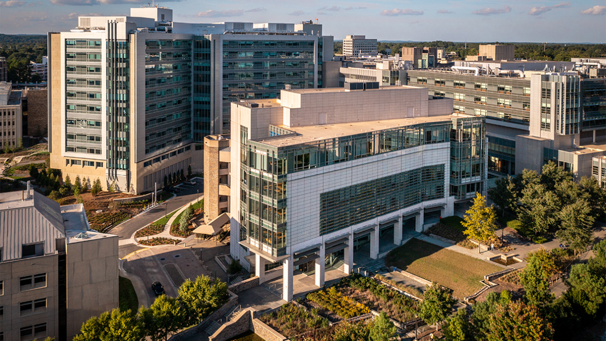 Arial view of the Trent Semans Center and Duke Hospital Tower in the Background