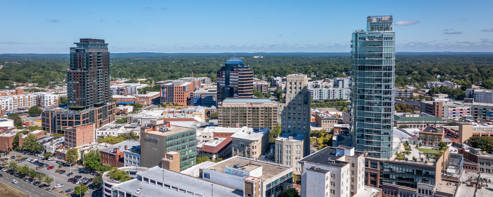 Arial view of downtown Durham. 
