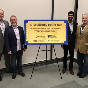 Ed Field of BioLabs NC, Dr. Eric Benner, Dr. Tarun Saxena of Duke CTSI Accelerator, and Dr. Barry Myers.