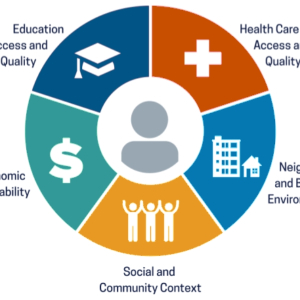 Social Determinants of Health components graphic - Education Access and Quality, Health Care Access and Quality, Neighborhood and Built Environment, Social and Community Context, Economic Stability