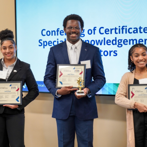 NCCU students Gionna Kolb, Ifidon Ikharo and Jasmine Johnson display certificates celebrating their completion of Duke internships.